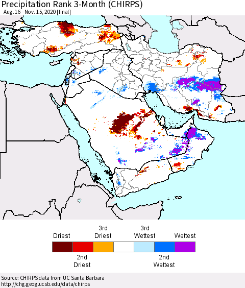 Middle East and Turkey Precipitation Rank since 1981, 3-Month (CHIRPS) Thematic Map For 8/16/2020 - 11/15/2020