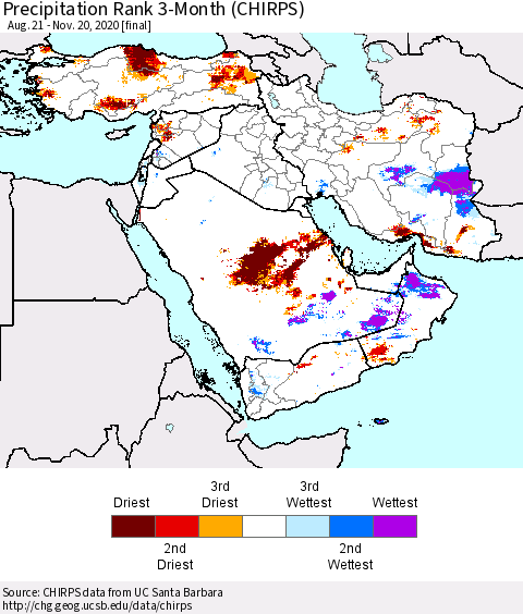Middle East and Turkey Precipitation Rank since 1981, 3-Month (CHIRPS) Thematic Map For 8/21/2020 - 11/20/2020