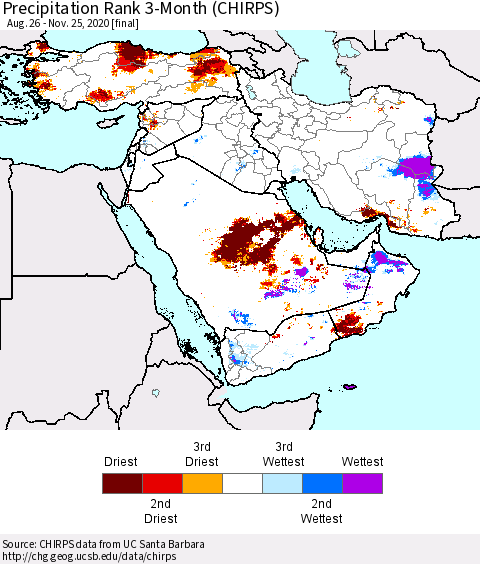 Middle East and Turkey Precipitation Rank since 1981, 3-Month (CHIRPS) Thematic Map For 8/26/2020 - 11/25/2020