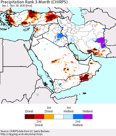 Middle East and Turkey Precipitation Rank since 1981, 3-Month (CHIRPS) Thematic Map For 9/1/2020 - 11/30/2020