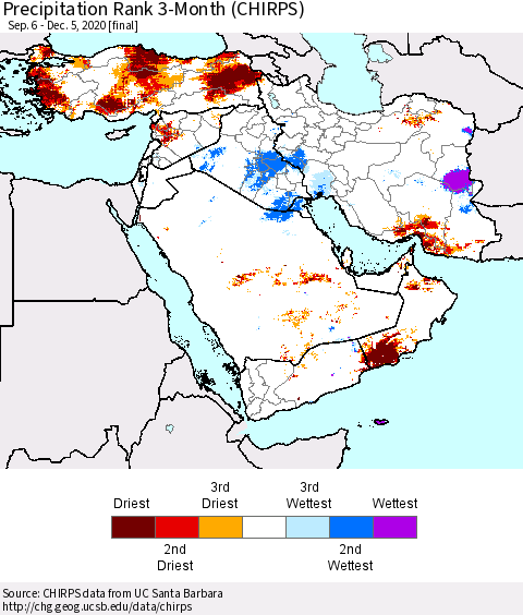 Middle East and Turkey Precipitation Rank since 1981, 3-Month (CHIRPS) Thematic Map For 9/6/2020 - 12/5/2020