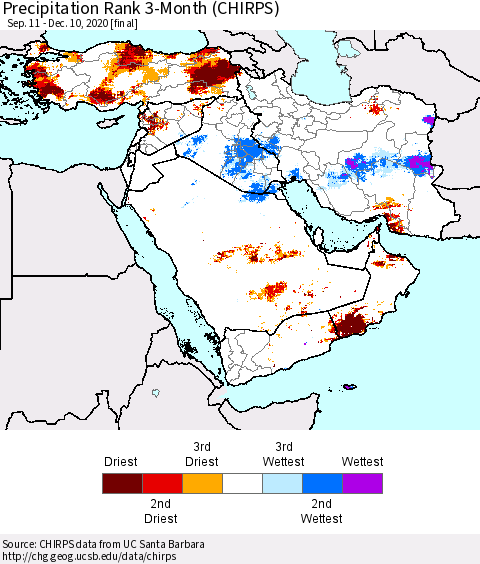 Middle East and Turkey Precipitation Rank since 1981, 3-Month (CHIRPS) Thematic Map For 9/11/2020 - 12/10/2020
