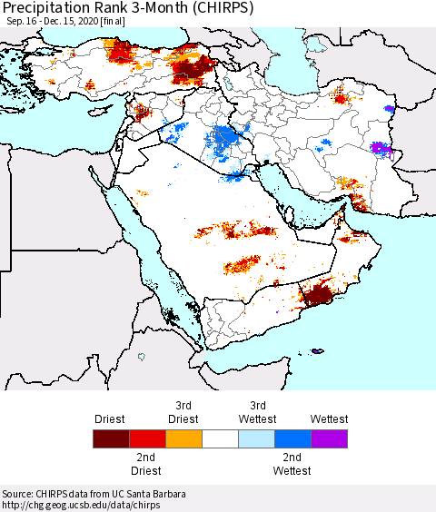 Middle East and Turkey Precipitation Rank since 1981, 3-Month (CHIRPS) Thematic Map For 9/16/2020 - 12/15/2020