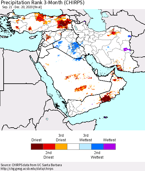 Middle East and Turkey Precipitation Rank since 1981, 3-Month (CHIRPS) Thematic Map For 9/21/2020 - 12/20/2020