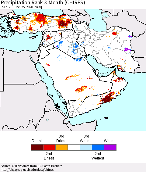 Middle East and Turkey Precipitation Rank since 1981, 3-Month (CHIRPS) Thematic Map For 9/26/2020 - 12/25/2020