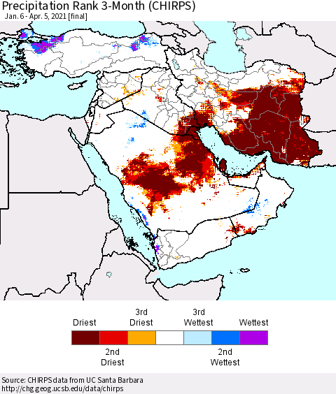 Middle East and Turkey Precipitation Rank since 1981, 3-Month (CHIRPS) Thematic Map For 1/6/2021 - 4/5/2021