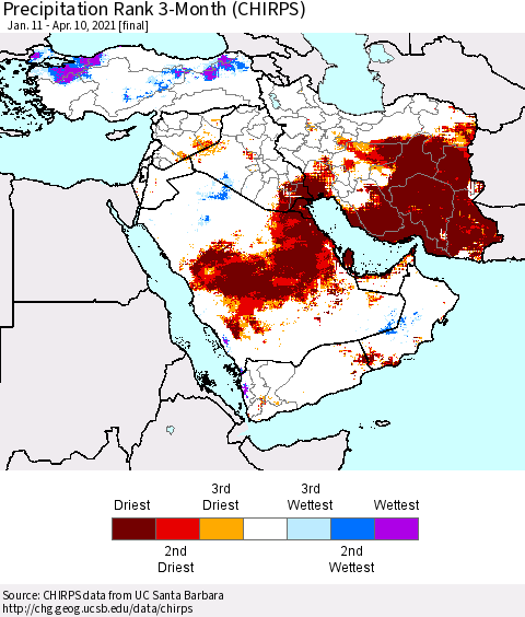 Middle East and Turkey Precipitation Rank since 1981, 3-Month (CHIRPS) Thematic Map For 1/11/2021 - 4/10/2021