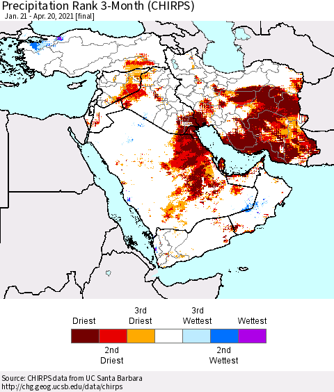 Middle East and Turkey Precipitation Rank since 1981, 3-Month (CHIRPS) Thematic Map For 1/21/2021 - 4/20/2021