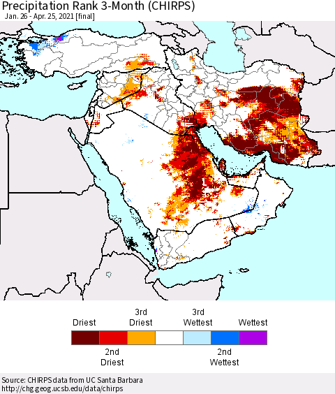 Middle East and Turkey Precipitation Rank since 1981, 3-Month (CHIRPS) Thematic Map For 1/26/2021 - 4/25/2021