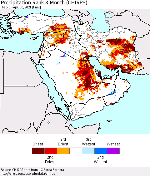 Middle East and Turkey Precipitation Rank since 1981, 3-Month (CHIRPS) Thematic Map For 2/1/2021 - 4/30/2021