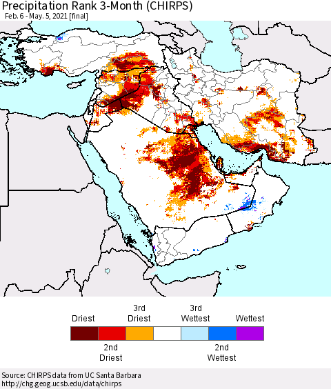 Middle East and Turkey Precipitation Rank since 1981, 3-Month (CHIRPS) Thematic Map For 2/6/2021 - 5/5/2021