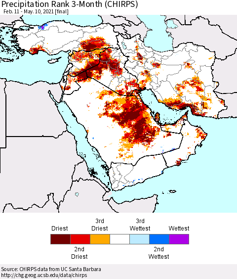 Middle East and Turkey Precipitation Rank since 1981, 3-Month (CHIRPS) Thematic Map For 2/11/2021 - 5/10/2021