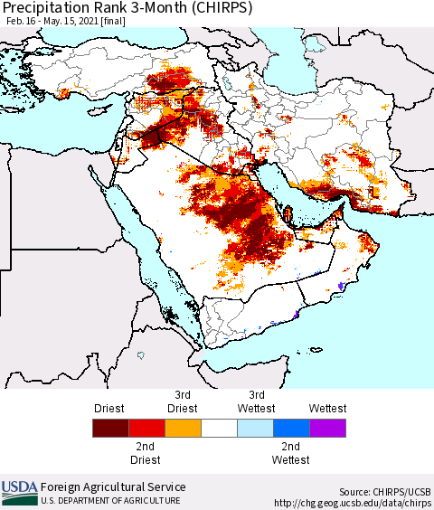Middle East and Turkey Precipitation Rank since 1981, 3-Month (CHIRPS) Thematic Map For 2/16/2021 - 5/15/2021