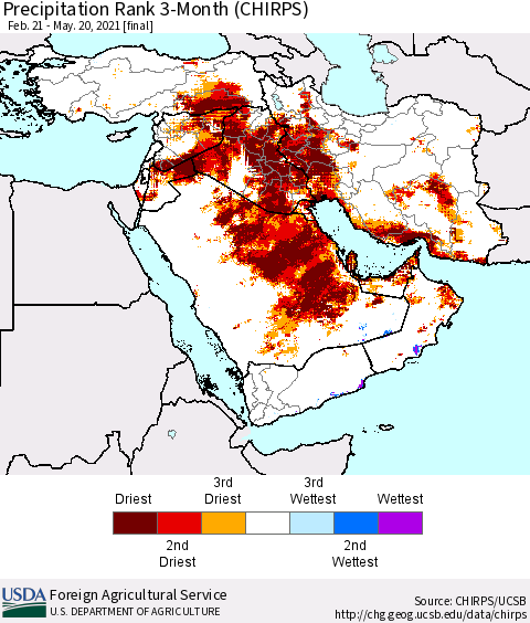 Middle East and Turkey Precipitation Rank since 1981, 3-Month (CHIRPS) Thematic Map For 2/21/2021 - 5/20/2021
