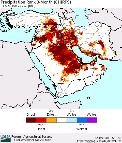 Middle East and Turkey Precipitation Rank since 1981, 3-Month (CHIRPS) Thematic Map For 2/26/2021 - 5/25/2021