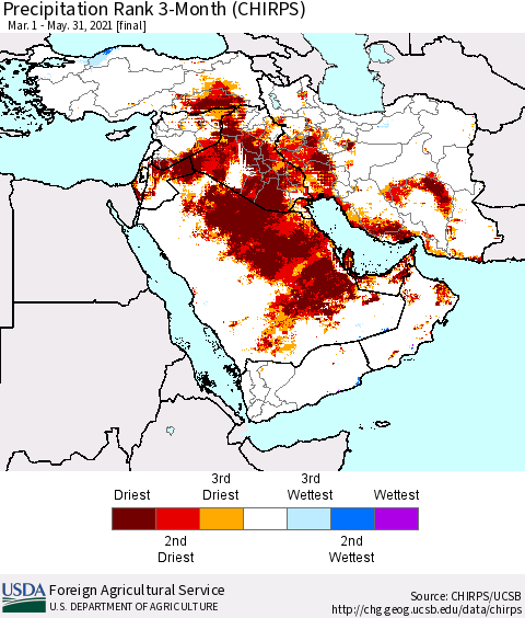 Middle East and Turkey Precipitation Rank since 1981, 3-Month (CHIRPS) Thematic Map For 3/1/2021 - 5/31/2021