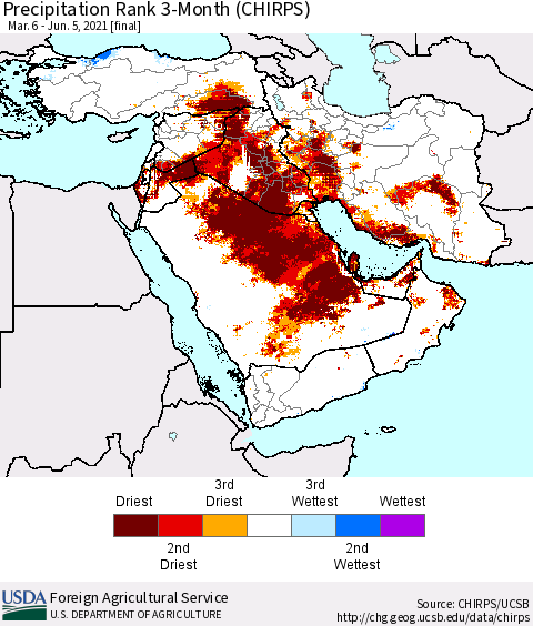 Middle East and Turkey Precipitation Rank since 1981, 3-Month (CHIRPS) Thematic Map For 3/6/2021 - 6/5/2021