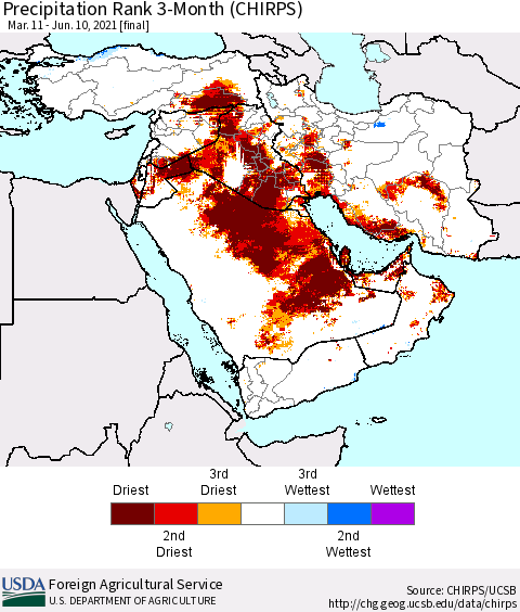 Middle East and Turkey Precipitation Rank since 1981, 3-Month (CHIRPS) Thematic Map For 3/11/2021 - 6/10/2021