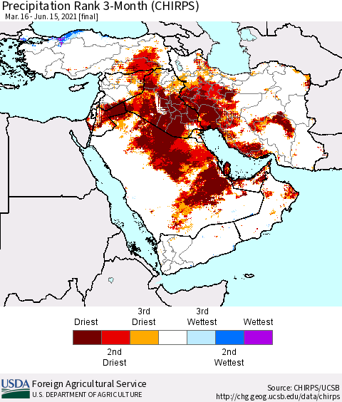Middle East and Turkey Precipitation Rank since 1981, 3-Month (CHIRPS) Thematic Map For 3/16/2021 - 6/15/2021
