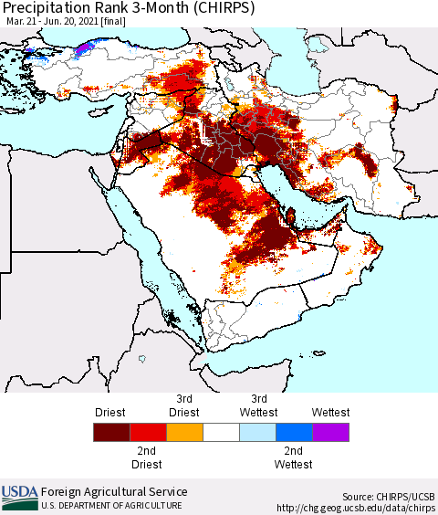 Middle East and Turkey Precipitation Rank since 1981, 3-Month (CHIRPS) Thematic Map For 3/21/2021 - 6/20/2021