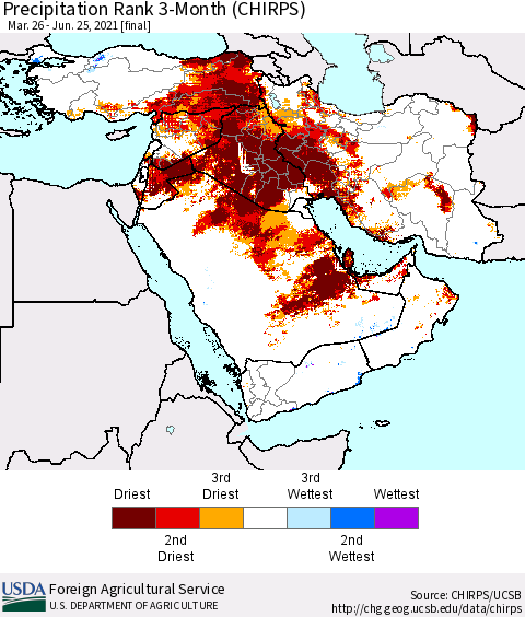 Middle East and Turkey Precipitation Rank since 1981, 3-Month (CHIRPS) Thematic Map For 3/26/2021 - 6/25/2021