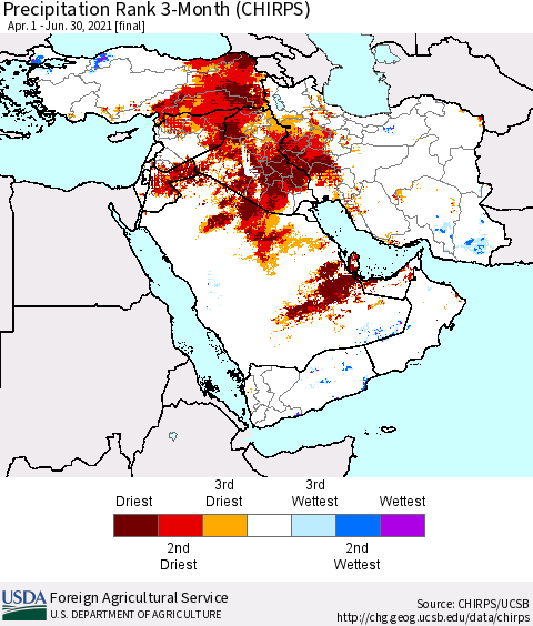 Middle East and Turkey Precipitation Rank since 1981, 3-Month (CHIRPS) Thematic Map For 4/1/2021 - 6/30/2021