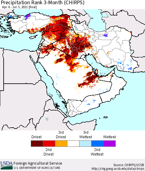 Middle East and Turkey Precipitation Rank since 1981, 3-Month (CHIRPS) Thematic Map For 4/6/2021 - 7/5/2021