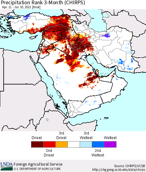 Middle East and Turkey Precipitation Rank since 1981, 3-Month (CHIRPS) Thematic Map For 4/11/2021 - 7/10/2021
