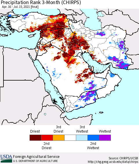 Middle East and Turkey Precipitation Rank since 1981, 3-Month (CHIRPS) Thematic Map For 4/16/2021 - 7/15/2021