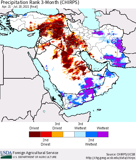 Middle East and Turkey Precipitation Rank since 1981, 3-Month (CHIRPS) Thematic Map For 4/21/2021 - 7/20/2021