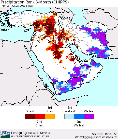Middle East and Turkey Precipitation Rank since 1981, 3-Month (CHIRPS) Thematic Map For 4/26/2021 - 7/25/2021