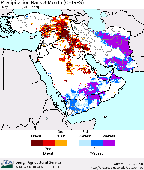 Middle East and Turkey Precipitation Rank since 1981, 3-Month (CHIRPS) Thematic Map For 5/1/2021 - 7/31/2021