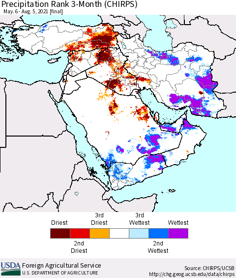 Middle East and Turkey Precipitation Rank since 1981, 3-Month (CHIRPS) Thematic Map For 5/6/2021 - 8/5/2021