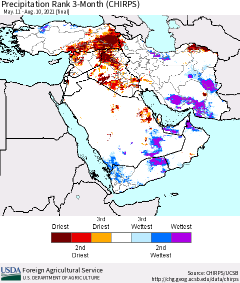 Middle East and Turkey Precipitation Rank since 1981, 3-Month (CHIRPS) Thematic Map For 5/11/2021 - 8/10/2021