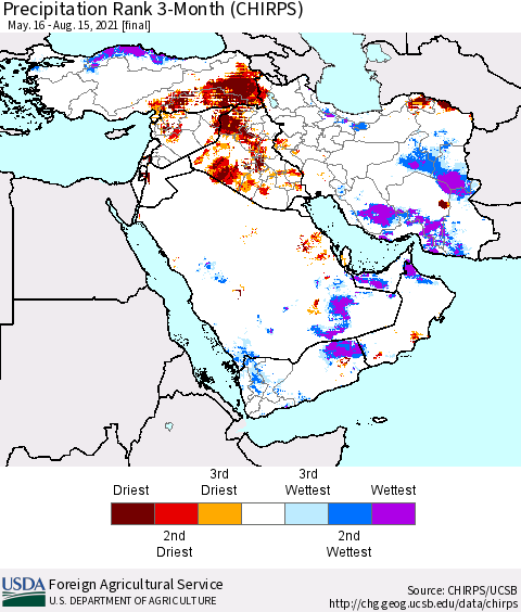 Middle East and Turkey Precipitation Rank since 1981, 3-Month (CHIRPS) Thematic Map For 5/16/2021 - 8/15/2021
