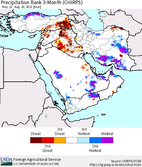 Middle East and Turkey Precipitation Rank since 1981, 3-Month (CHIRPS) Thematic Map For 5/21/2021 - 8/20/2021