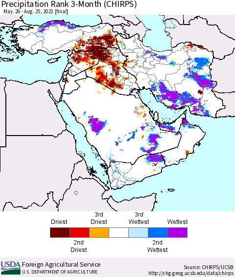 Middle East and Turkey Precipitation Rank since 1981, 3-Month (CHIRPS) Thematic Map For 5/26/2021 - 8/25/2021