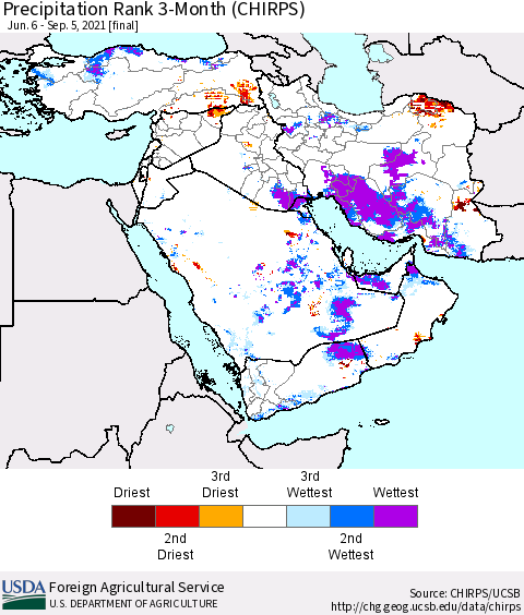 Middle East and Turkey Precipitation Rank since 1981, 3-Month (CHIRPS) Thematic Map For 6/6/2021 - 9/5/2021