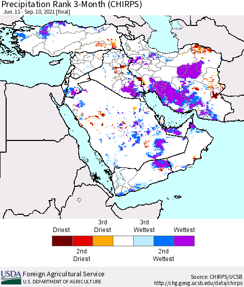 Middle East and Turkey Precipitation Rank since 1981, 3-Month (CHIRPS) Thematic Map For 6/11/2021 - 9/10/2021