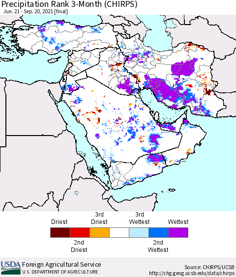 Middle East and Turkey Precipitation Rank since 1981, 3-Month (CHIRPS) Thematic Map For 6/21/2021 - 9/20/2021