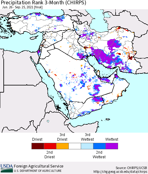 Middle East and Turkey Precipitation Rank since 1981, 3-Month (CHIRPS) Thematic Map For 6/26/2021 - 9/25/2021