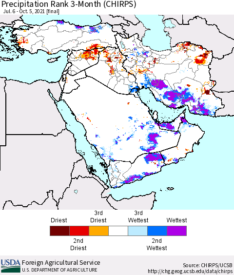 Middle East and Turkey Precipitation Rank since 1981, 3-Month (CHIRPS) Thematic Map For 7/6/2021 - 10/5/2021