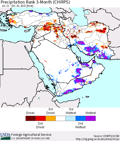 Middle East and Turkey Precipitation Rank since 1981, 3-Month (CHIRPS) Thematic Map For 7/11/2021 - 10/10/2021
