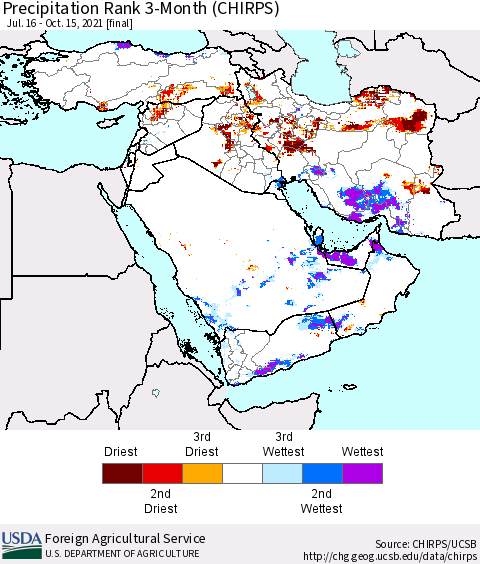 Middle East and Turkey Precipitation Rank since 1981, 3-Month (CHIRPS) Thematic Map For 7/16/2021 - 10/15/2021