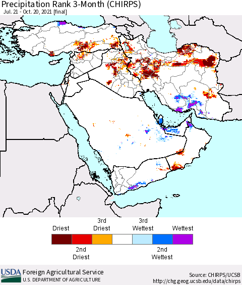 Middle East and Turkey Precipitation Rank since 1981, 3-Month (CHIRPS) Thematic Map For 7/21/2021 - 10/20/2021