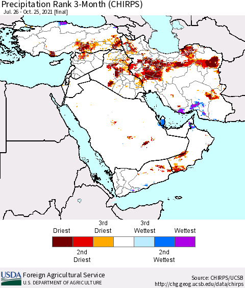 Middle East and Turkey Precipitation Rank since 1981, 3-Month (CHIRPS) Thematic Map For 7/26/2021 - 10/25/2021