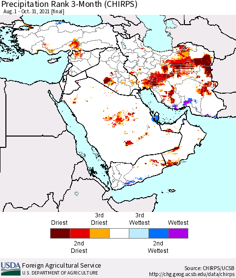 Middle East and Turkey Precipitation Rank since 1981, 3-Month (CHIRPS) Thematic Map For 8/1/2021 - 10/31/2021