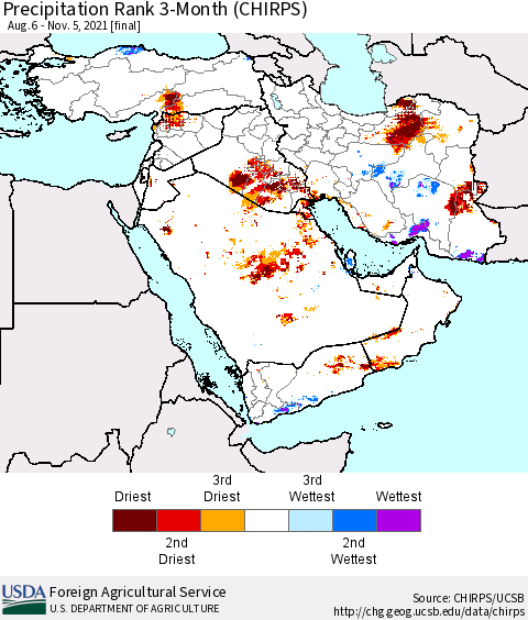 Middle East and Turkey Precipitation Rank since 1981, 3-Month (CHIRPS) Thematic Map For 8/6/2021 - 11/5/2021