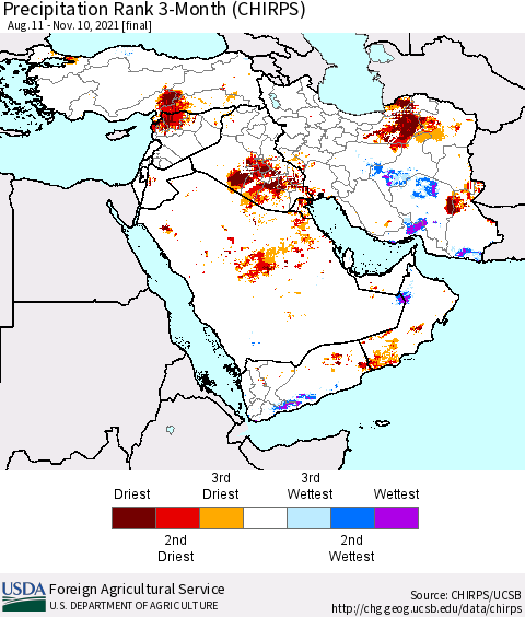 Middle East and Turkey Precipitation Rank since 1981, 3-Month (CHIRPS) Thematic Map For 8/11/2021 - 11/10/2021