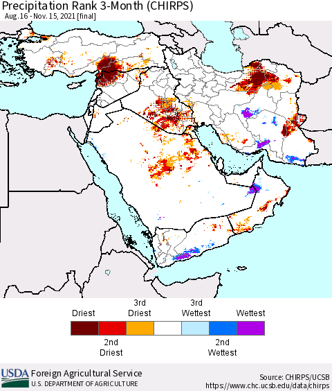 Middle East and Turkey Precipitation Rank since 1981, 3-Month (CHIRPS) Thematic Map For 8/16/2021 - 11/15/2021
